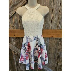 B darlin halter lace floral flowy sundress EUC lined open back size 3/4 SD zip ^